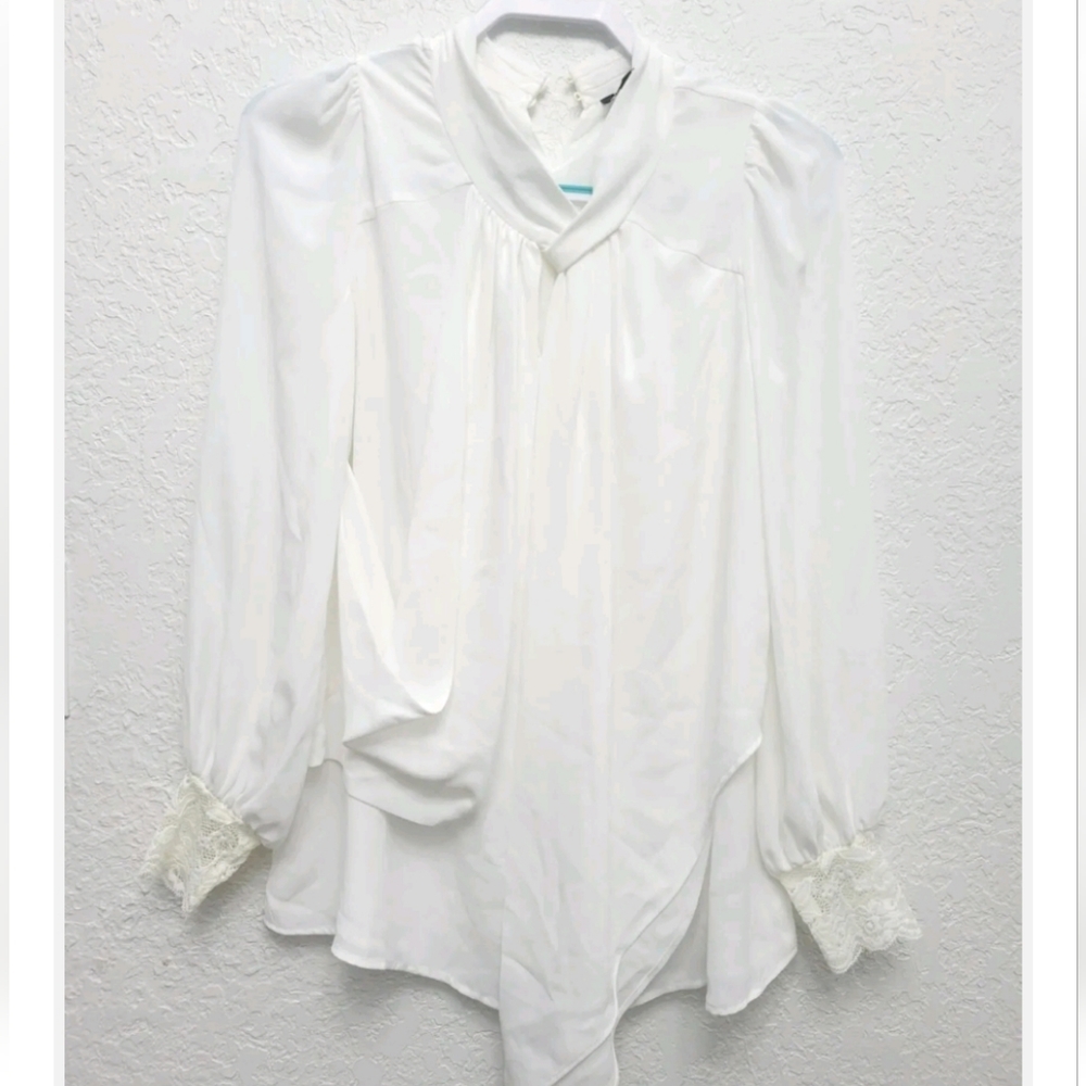 Dabuwawa Ivory High Neck Lace Blouse Top Womens Small party flowy.